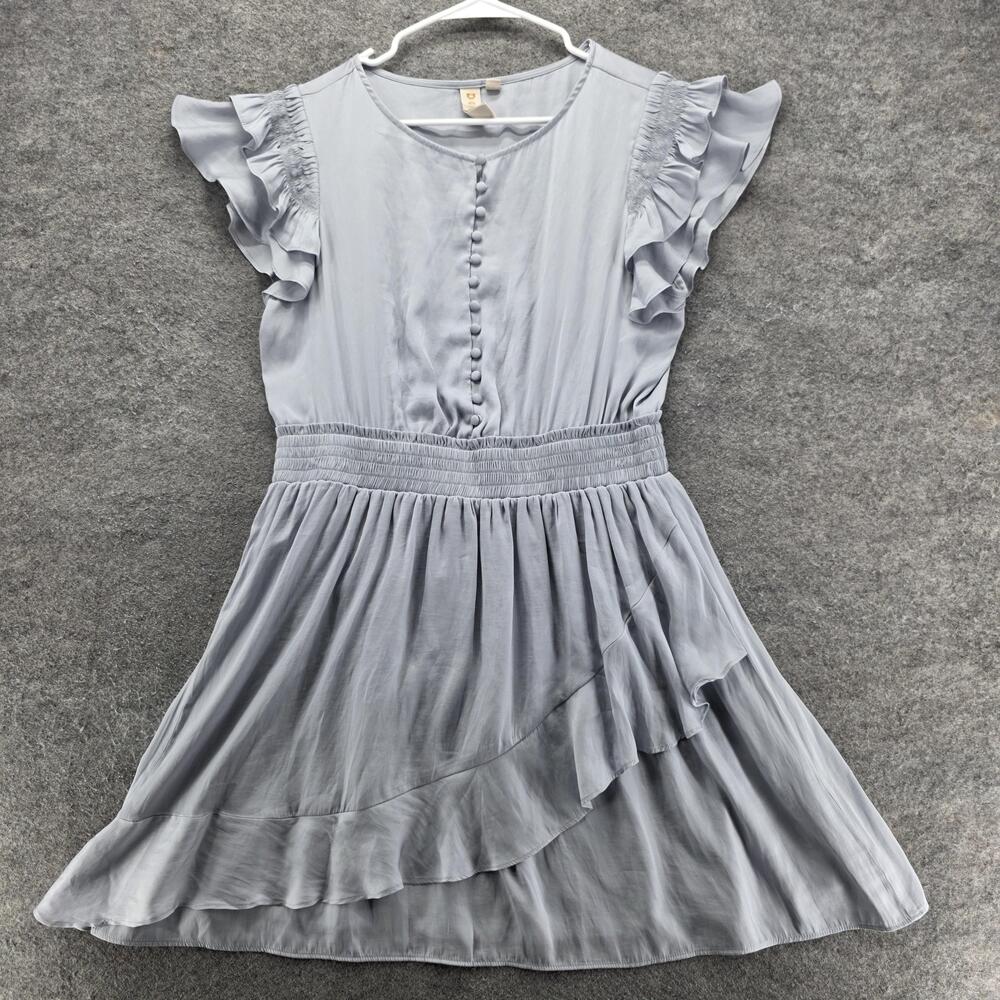 Dolan Dress Womens Large Light Gray Ruffle Flutter Sleeve Button Front Polyester